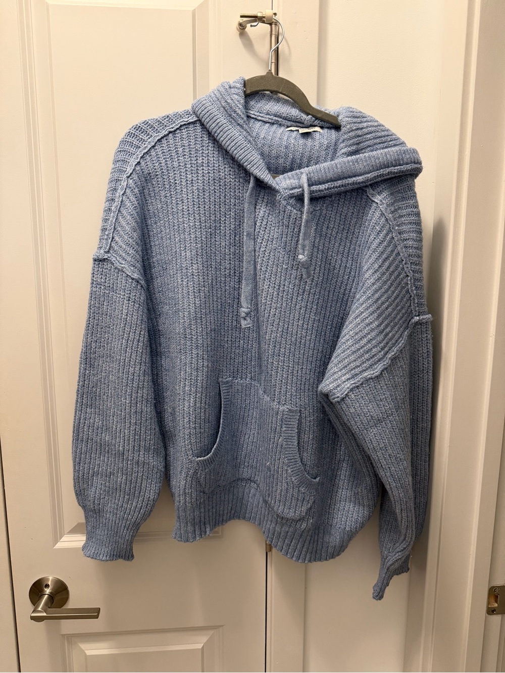 American Eagle Ribbed Knit Blue Hoodie Sweater